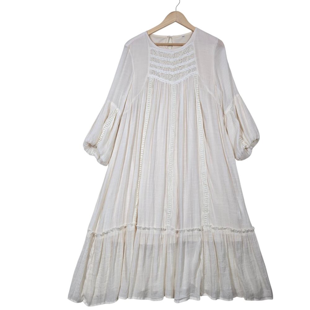 Boho Ivory Midi Dress with Lace Trim